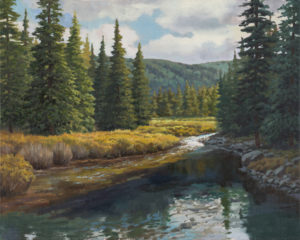 oil painting of pines trees and a small river in the rocky mountains.