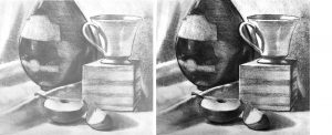 To images of the same still life drawing one lighter than the other to show a difference in contrast.