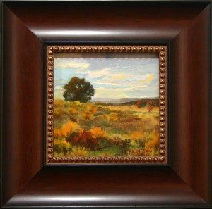 Painting of a Scrub Oak in a western field with distant mountains.