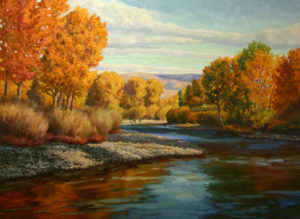 Image of an impressionistic painting by the artist Kevin McCain of the Boise river in Fall.