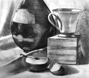 Drawing of a still life depicting a bottle, tea cup and apple by the artist Kevin McCain