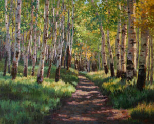 painting of aspens grove with a pathway with dappled light.