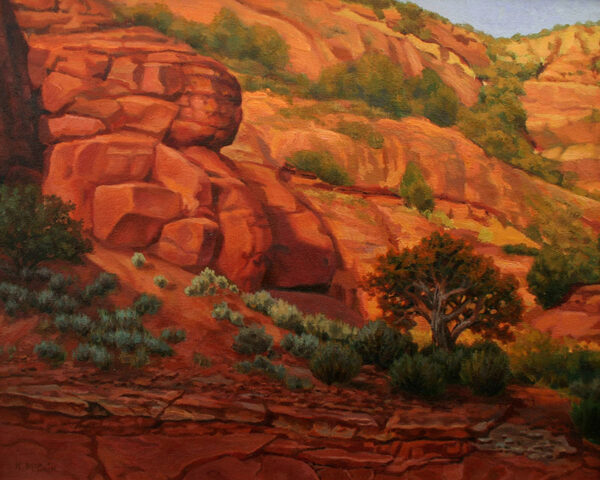 Painting in Sedona, Arizona. In a small canyon in the afternoon with warm light.