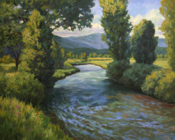 Painting of a small stream with trees in the afternoon in the Teton National Park.