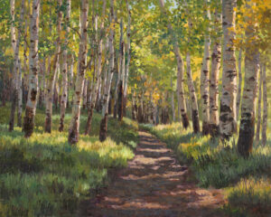 Painting of an aspen grove and a pathway with dappled light.