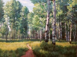 painting of aspen forest with small hiking trail.