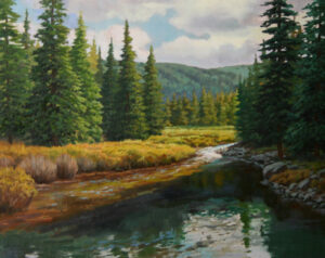 Painting of a high mountain stream in the morning with pine trees near McCall, Idaho in the morning