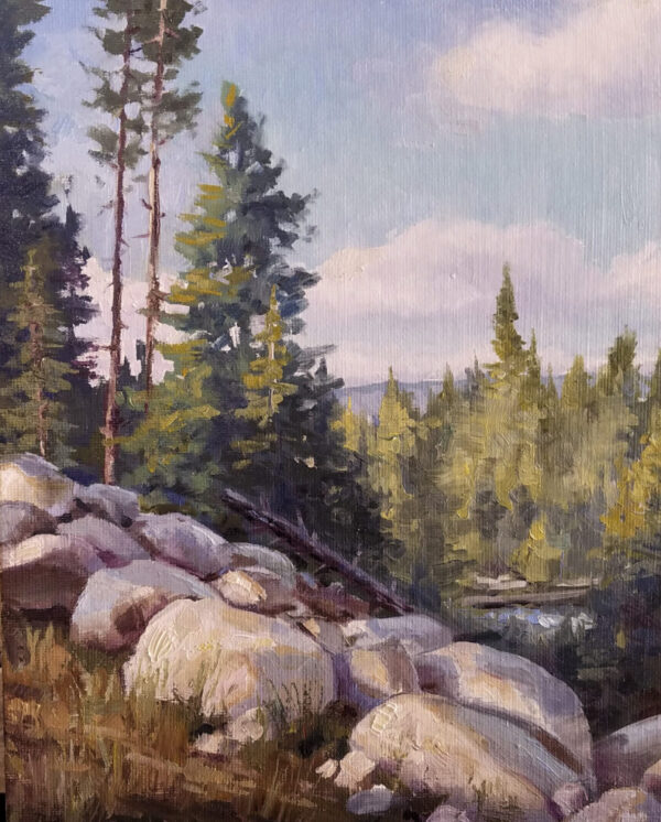 painting of the Trees and rocks near red fish lake in Idaho.